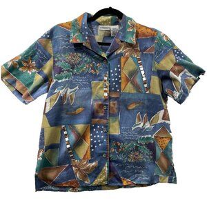 CABIN CREEK Shirt Womens Size Medium Button Up Top Floral Blue Yellow